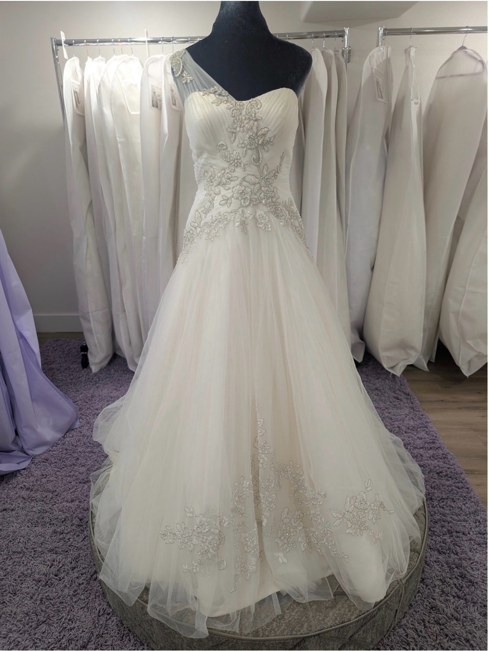 Oleg Cassini Ivory One-Shoulder Tulle A-Line Wedding Dress with Beaded Appliqué